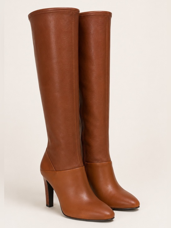 Reiss Shoes - Reiss Cressida Caramel Brown Leather Knee High Heeled Boots Size 38/ 8
